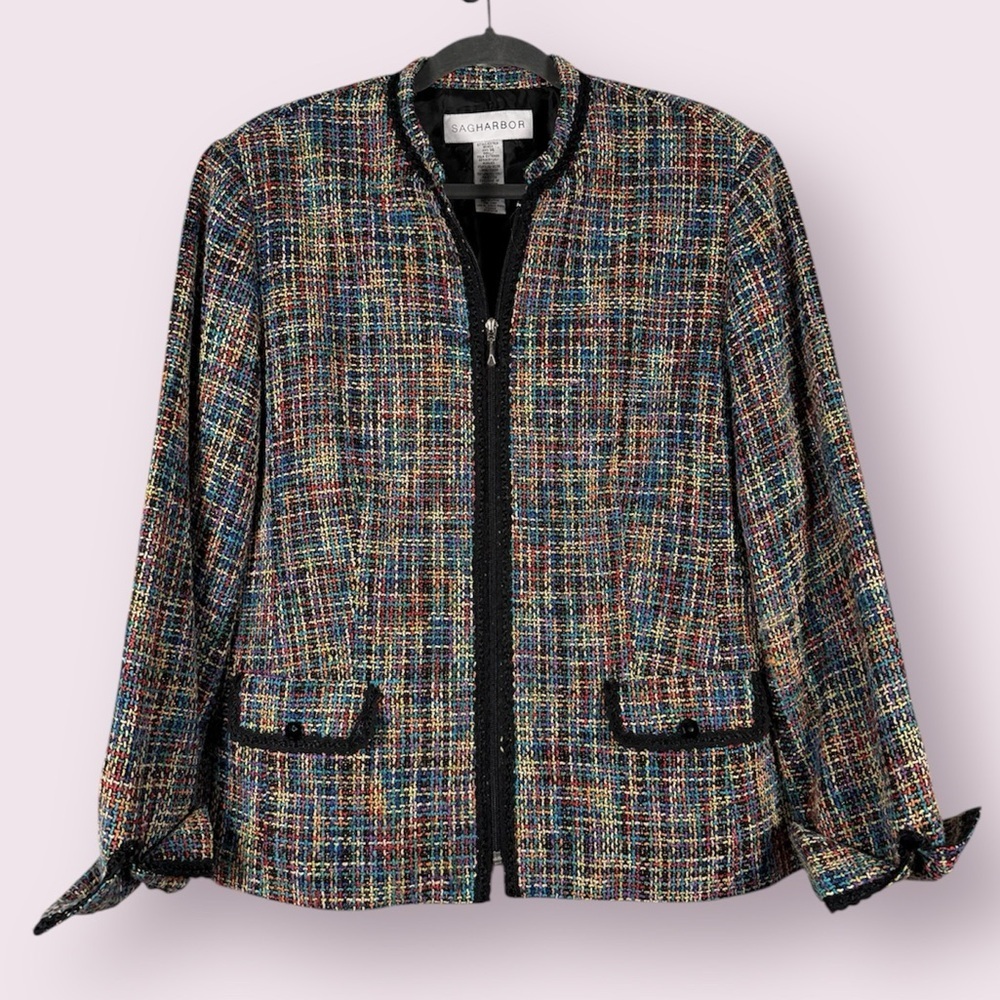 Vintage Sag Harbor Rainbow and Black Tweed Blazer Jacket Size 14